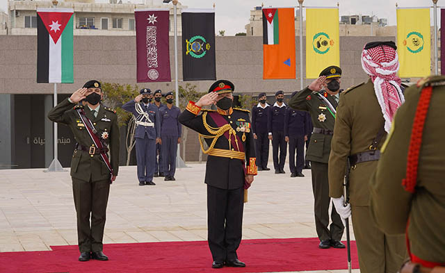 His Majesty King Abdullah, the Supreme Commander of the Jordan Armed Forces-Arab Army, accompanied by HRH Crown Prince Hussein, visits the Martyr’s Memorial, in remembrance of martyrs’ sacrifices to the nation as it marks its centennial on Sunday  (Photo courtesy of Royal Court)